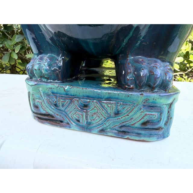 Vintage Blue Green Glazed Terracotta Foo Dog Petite Garden Stool For Sale - Image 4 of 11