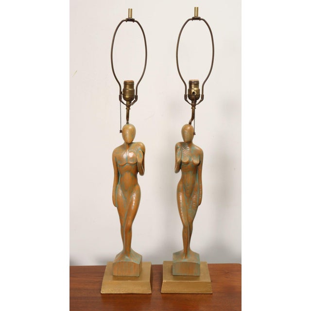 Vintage Male and Female Figural Carved Table Lamps by Clifford C Stasack - Pair For Sale - Image 4 of 18