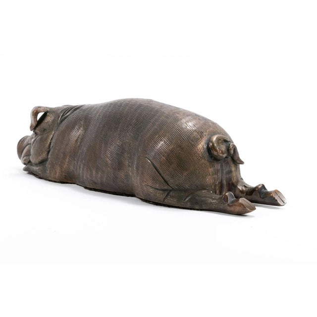 Heavy Cast Bronze Reclining Pig Sculpture With Dept. 56 Label For Sale - Image 4 of 8
