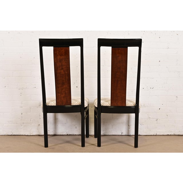Drexel Heritage Mid-Century Modern Hollywood Regency Black Lacquer and Walnut High Back Dining Chairs, Pair For Sale - Image 9 of 11