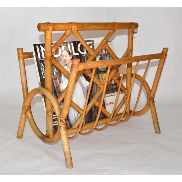 Charlotte Perriand Vintage Boho Chic Bend Bamboo Caning Handwoven Magazine Rack Newspaper Stand For Sale - Image 4 of 16