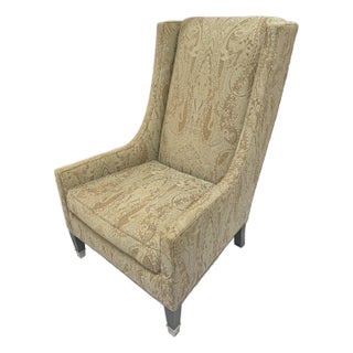 Late 20th Century Kravet Wingback Tall Chair Upholstered Beige Paisley Jacquard Navarre For Sale