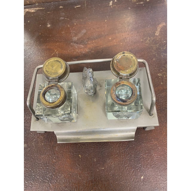 Transparent Antique Double Crystal Inkwell With Bird Finial For Sale - Image 8 of 11