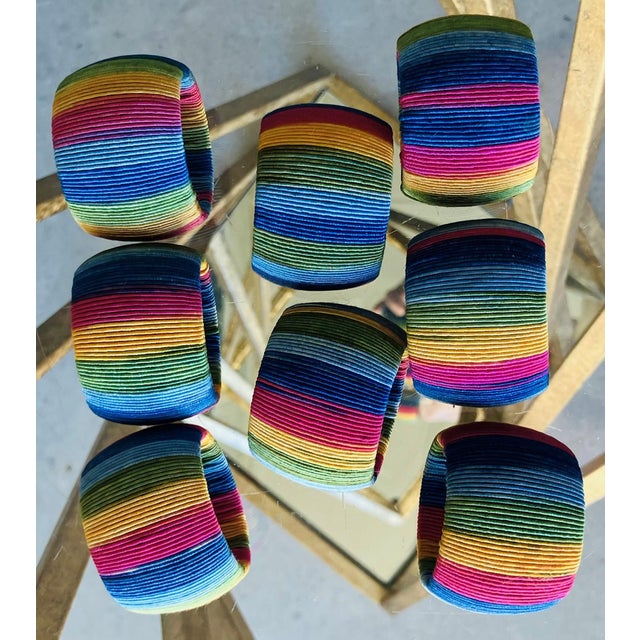 Memphis Group Late 20th-Century Vibrant & Chic Multi-Colored Woven Napkin Rings - Set of 8 For Sale - Image 4 of 18