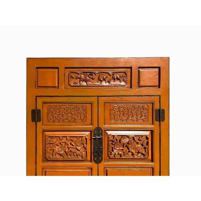 2010s Chinese Fujian Distressed Orange Relief Carving Storage Tv Cabinet For Sale - Image 5 of 6