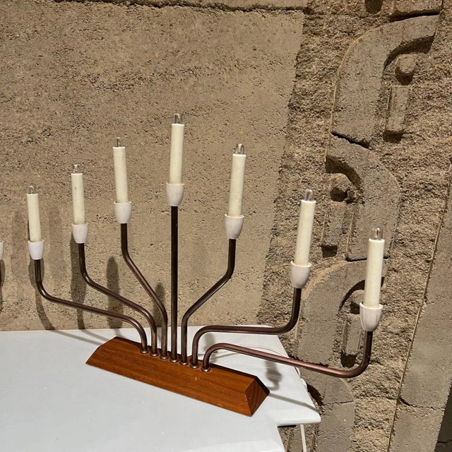 Brass 1960s European Menorah Sculptural Table Lamp Set Teak & Brass For Sale - Image 8 of 12