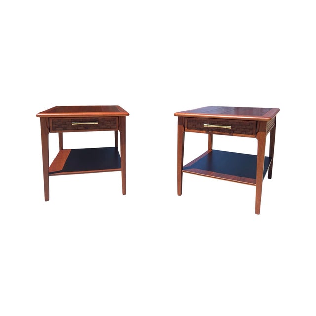 Mid-Century Modern Vintage Mid Century Modern Pair 1960s Attributed to Lane Walnut Pair Side End Tables Restored Set of 2 Restored Brass For Sale - Image 3 of 12