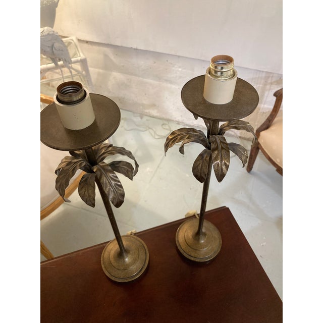Metal Palm Tree Tole Tables Lamps With Lamps- A Pair For Sale - Image 7 of 9