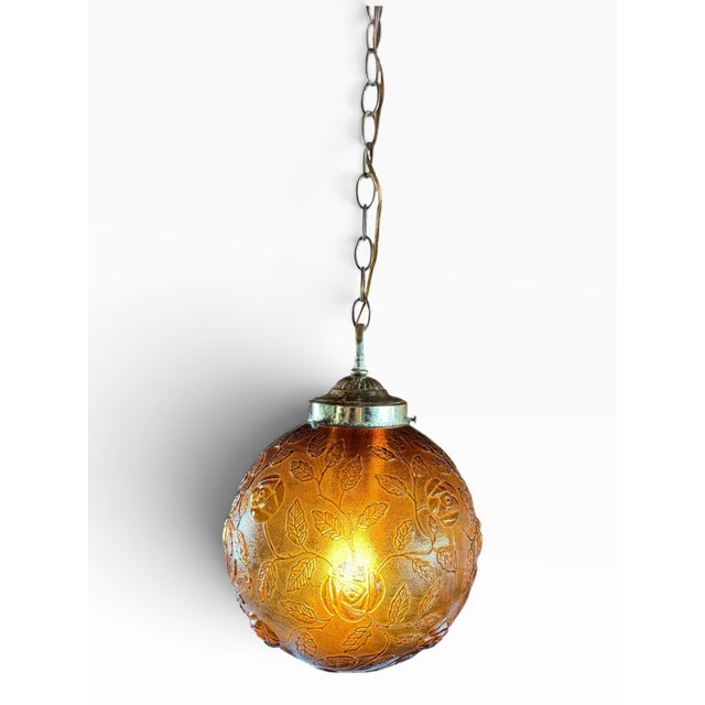 Vintage 1970s Amber Floral Glass Swag Hanging Lamp For Sale - Image 4 of 6