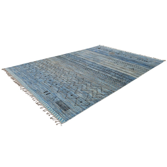Blue Modern Berber Blue: Hand-Woven Moroccan Style Abstract Wool Rug 9x13 For Sale - Image 8 of 12