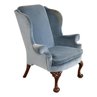 Kindel Furniture Chippendale Carved Mahogany Blue Velvet Upholstered Wingback Lounge Chair For Sale