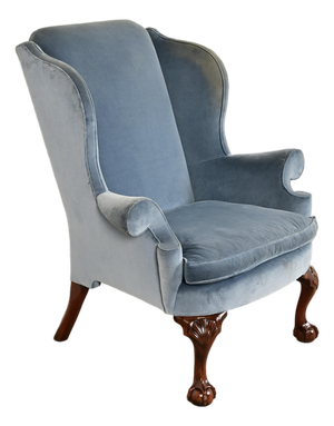 Kindel Furniture Chippendale Carved Mahogany Blue Velvet Upholstered Wingback Lounge Chair