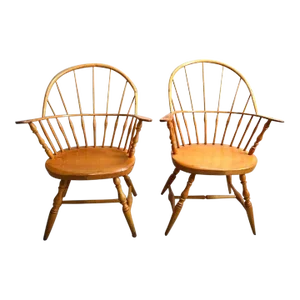 Pair of Mid 20th Century Benchmade Sack Back Windsor Arm Chairs with Saddle Seat Paddle Arms