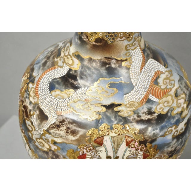 Vintage 30" Japanese Royal Satsuma Hand Painted Porcelain Oriental Dragon Vase For Sale - Image 4 of 17