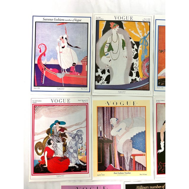 A vibrant set of 11 vintage Vogue magazine cover illustration prints depicting Parisian fashions from the early 20th...