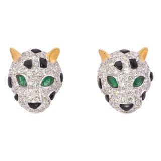 3.01 Carat Diamond and Emerald Panther Studs - 2 Pieces For Sale