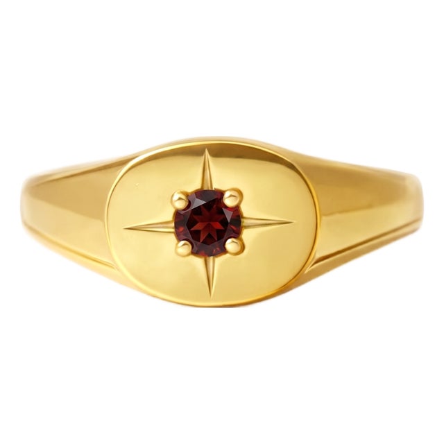 Garnet Starburst Engraved Signet Ring • Celestial Gemstone Unisex Signet Ring • Vintage Style Gift for Her Us 7 For Sale