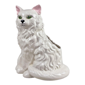 Vintage Life Size Porcelain White Long Haired Cat Figural Planter