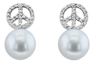 Peace Sign Dangling Pave Diamond & Freshwater Pearl Earrings, 2 Pieces