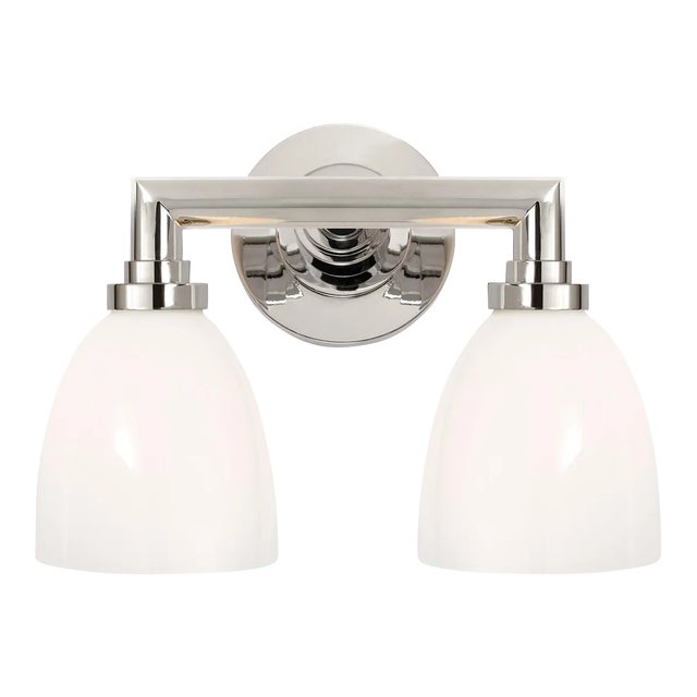 Chapman & Myers for Visual Comfort Signature Wilton Double Bath Light in Polished Nickel with White Glass For Sale