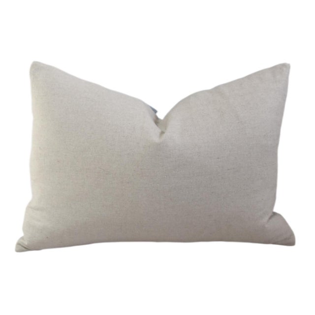 2020s French Blue and Cream Appliqué Cross Wool & Linen Feather/Down Pillow For Sale - Image 5 of 6