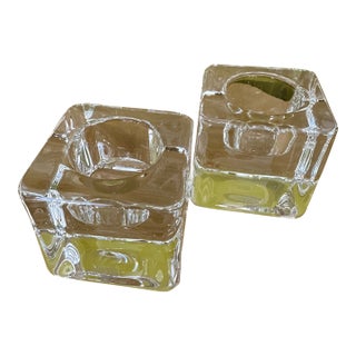 Pair of Vintage Orrefors Sweden Glass Ice Cube Candle Votives by Göran Wärff For Sale