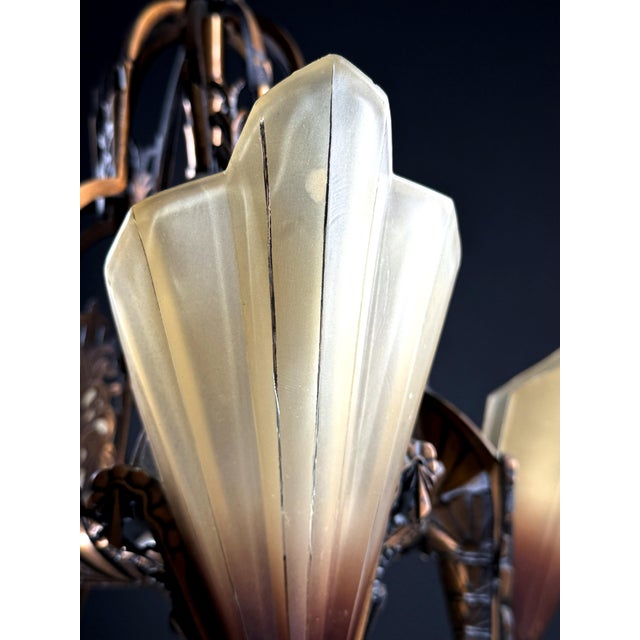 Bronze 1930s Mid-West Mfg. Soleure Series Art Deco 5-Light Slip Shade Chandelier in Cast Bronze For Sale - Image 8 of 14