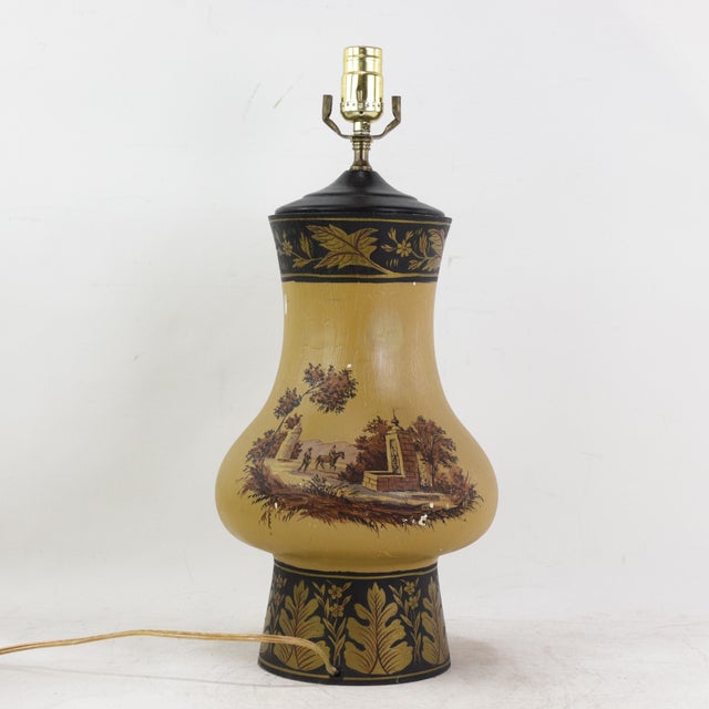 Vintage Hand Painted Table Lamp Mustard Yellow Country Landscape With Bridge and Foliage Motif For Sale - Image 4 of 12