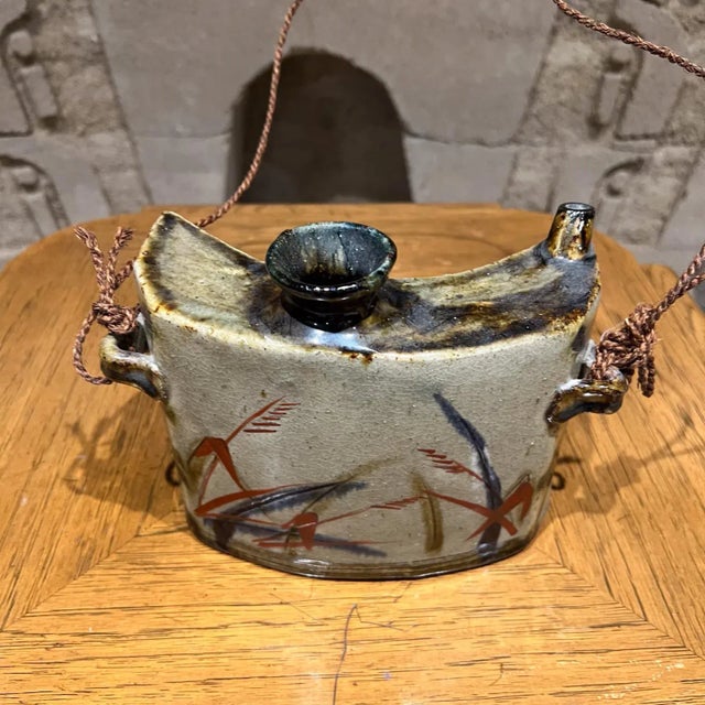 Vintage Japanese Hip Flask Glazed Canteen Pottery Vessel For Sale In San Diego - Image 6 of 12