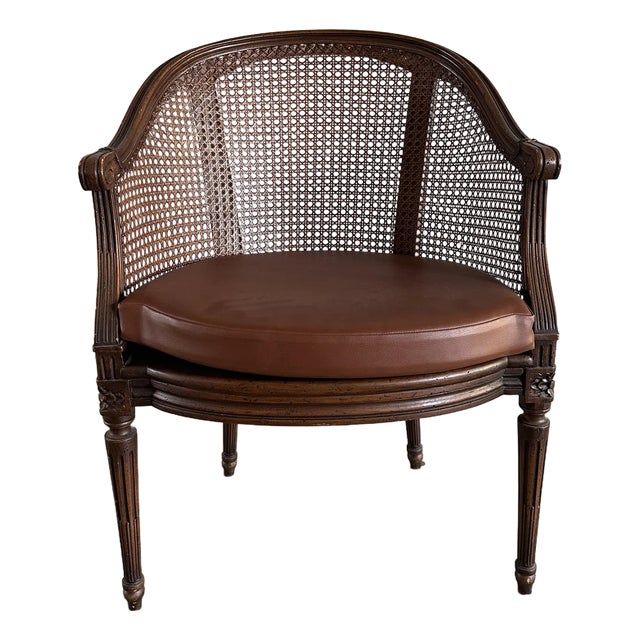French Louis XVI Style Cane-Back Chair With Fluted Legs and Brown Leather Seat For Sale
