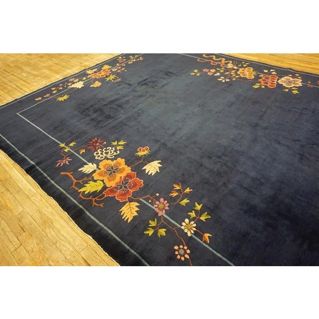 Textile 1920s Blue Navy Field Floral Antique Chinese Art Deco Carpet 9' X 11'4" Knotted Wool Rug For Sale - Image 7 of 15