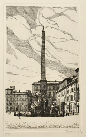 Giuseppe Malandrino - Navona Square - Original Etching - 1970