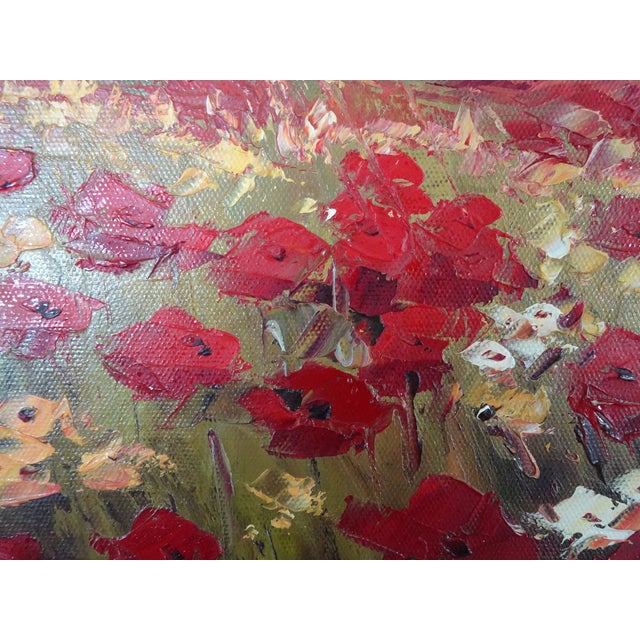 Vintage Oil on Canvas Red Field of Flowers Painting Picture in Gold Frame For Sale - Image 11 of 16
