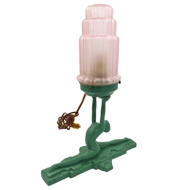 Art Deco 1980s Art Deco Nude Nymph L610 Spelter Frankart Table Lamp by Sarsaparilla W/ Shade For Sale - Image 3 of 7