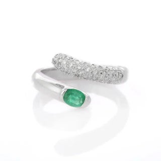 Oval Cut Emerald Diamond Cluster Bypass Ring in 18k White Gold For Sale