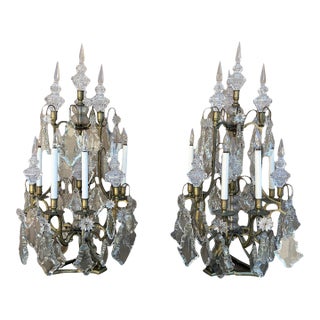 Early 20th Century French Brass & Crystal Six-Light Girandole Lamps - Pair For Sale