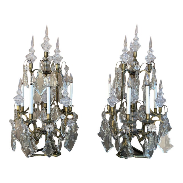 Early 20th Century French Brass & Crystal Six-Light Girandole Lamps - Pair For Sale