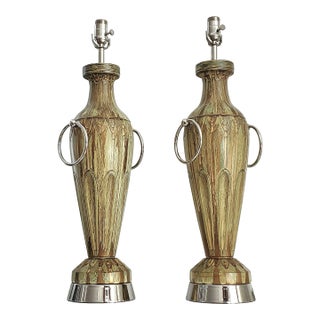 Large Lamps Sage Green & Bronze Painted Plaster New Nickel Silver Hardware - Pair For Sale