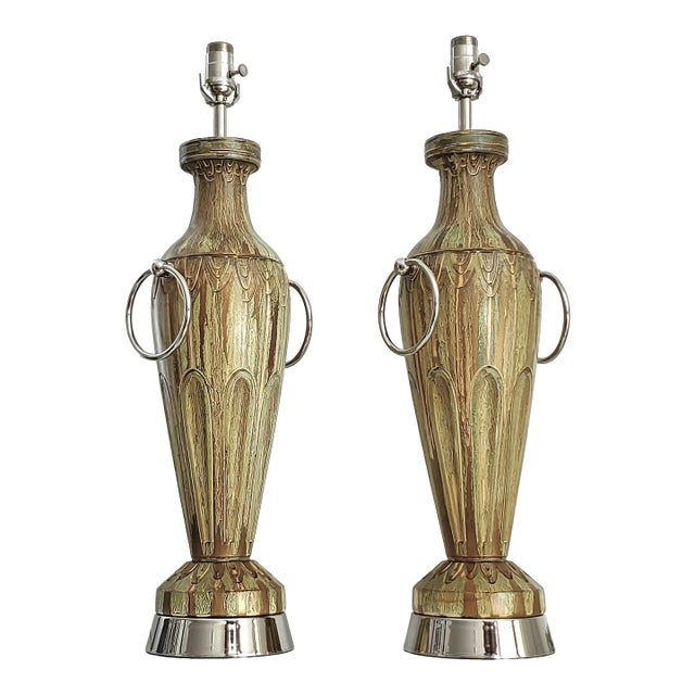 Large Lamps Sage Green & Bronze Painted Plaster New Nickel Silver Hardware - Pair For Sale