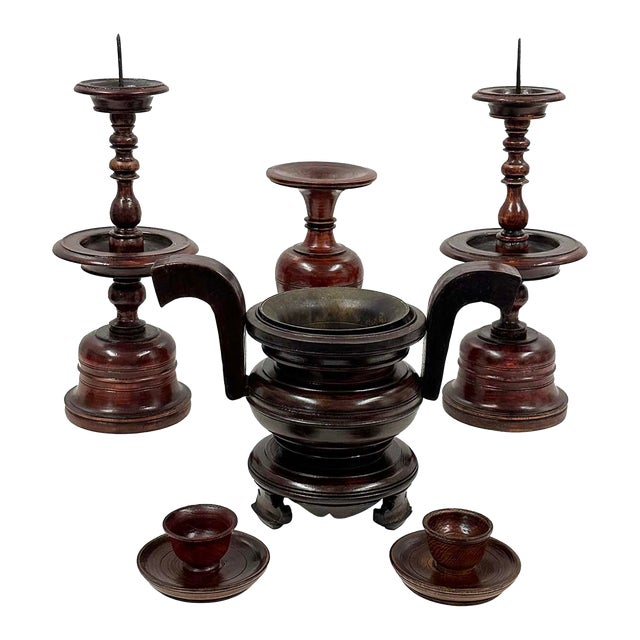 Vintage Chinese 6 Pieces Wooden Buddhist Offering Set For Sale