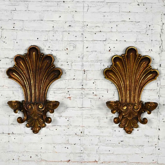 Vintage Gilded Syroco Hollywood Regency Double Candle Wall Sconces a Pair For Sale - Image 13 of 13