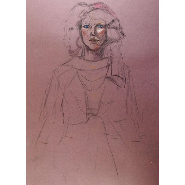 1980's Portrait in Purple Pastel Drawing For Sale - Image 4 of 4