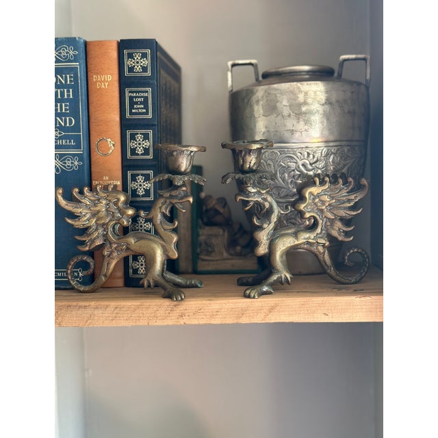 Victorian Antique Brass Mythical Griffin Candlestick Holders - A Pair For Sale - Image 3 of 5