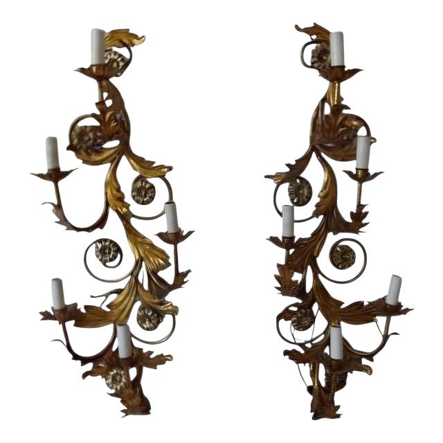 Mid-20th Century Pair of Gilt Bronze Hollywood Regency Wall Sconces. For Sale