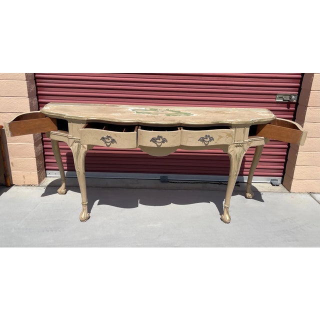 Wood Antique French Louis XV Style Distressed Scalloped Front Console Table For Sale - Image 7 of 13
