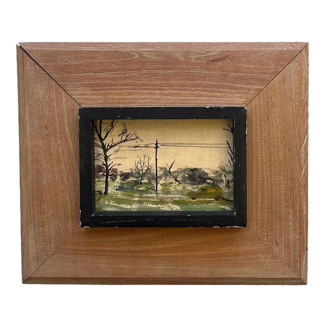 Mid Century Watercolor Landscape of a Car on a Rural Highway For Sale
