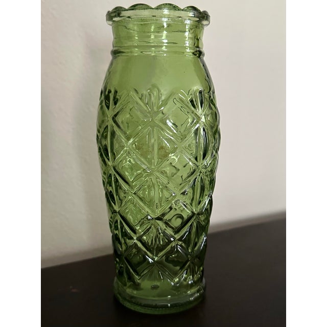 Glass Vintage 1960s Century Small Avocado Green Pressed Glass Vase For Sale - Image 7 of 12