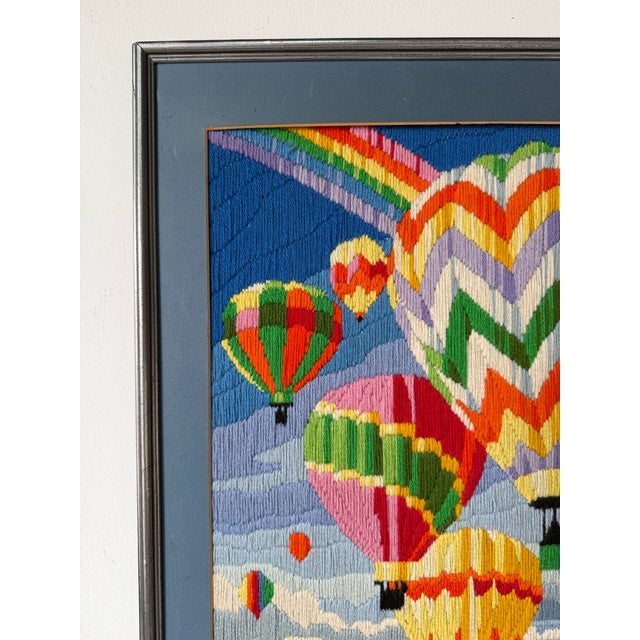 1982 Vintage Needlepoint Hot Air Balloon & Rainbow Artwork – Framed For Sale - Image 9 of 12