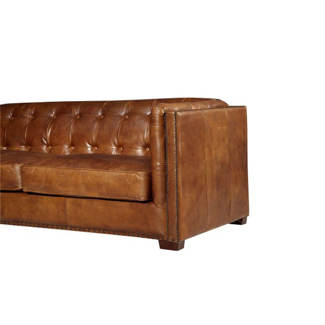 Italian Tuxedo Leather Sofa - Light Brown For Sale - Image 3 of 9