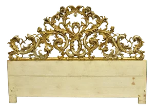 Antique French Rococo Gold Giltwood Carved Wood Italian King Size Bed Headboard